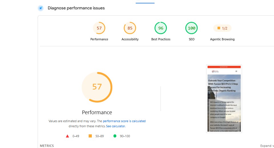 Lighthouse performance report for the old Tucson SEO Pros website showing a performance score of 57